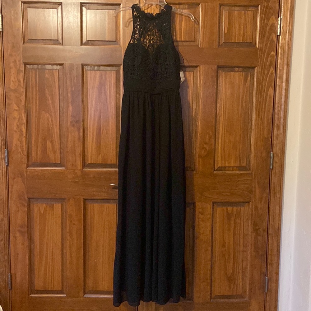 Black floor length formal lace dress